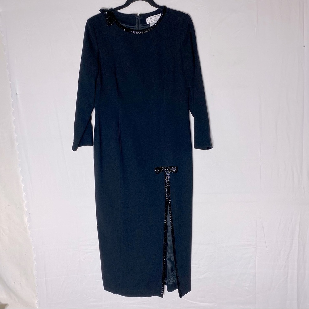 Vintage Simon Chang Black Long Sleeve Midi Dress With Slit And beaded Trim 8